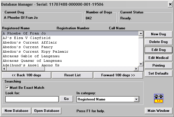 LMD Database Manager Window